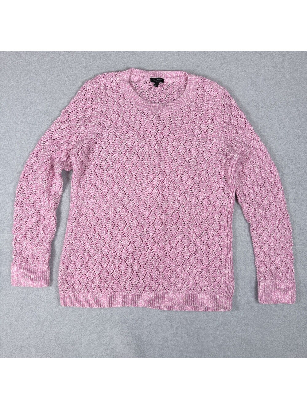 Talbots Pink Crochet Open Knit Crewneck Cotton Sweater Womens Size Medium Petite